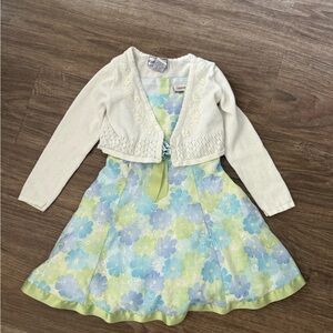 Floral Blue and Green Kids Dress with White Cardigan